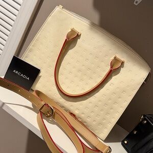 Arcadia Elegant Cream Patent Leather Italian Designer Handbag with Red Accents